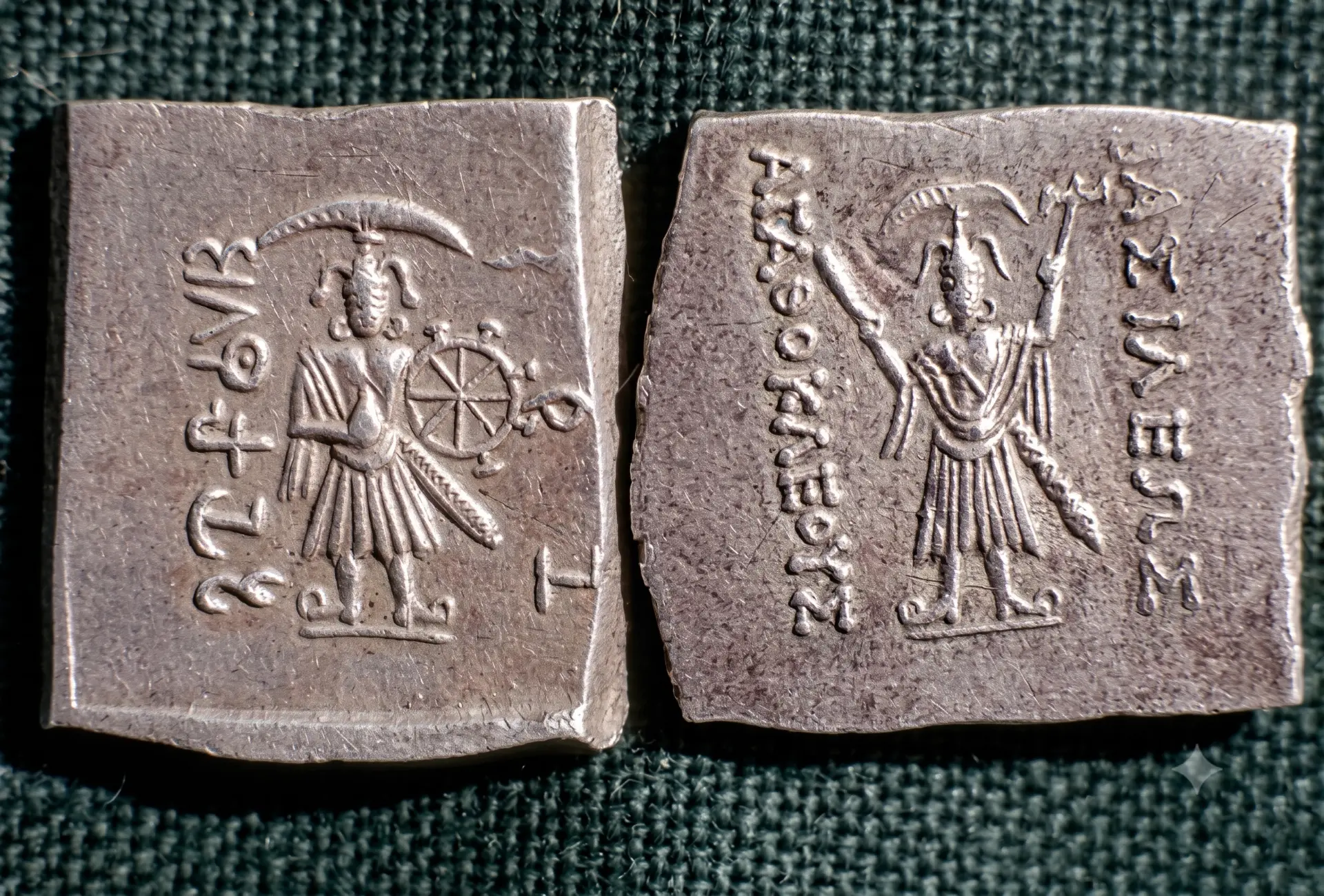 Two square Indo-Greek silver coins of King Agathocles depicting Vasudeva-Krishna with chakra and conch, and Balarama