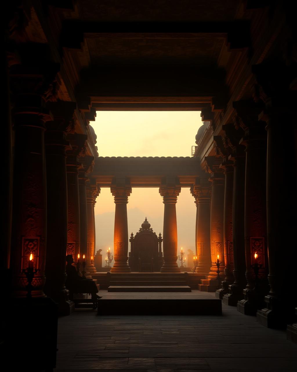 Torchlit interior of an ancient royal court with carved sandstone pillars